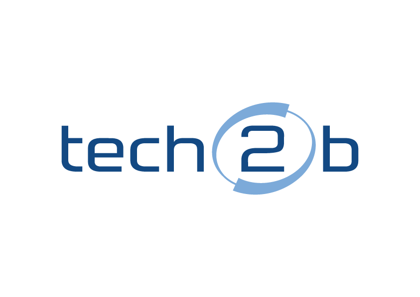 Logo von tech2b, blauer Schriftzug mit der Zahl 2 tech2b