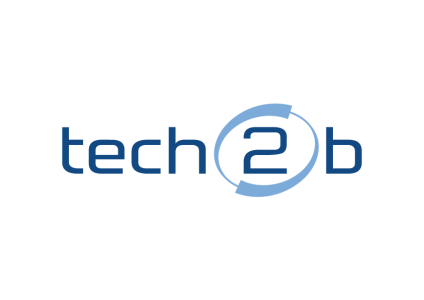 Logo von tech2b, blauer Schriftzug mit der Zahl 2 tech2b